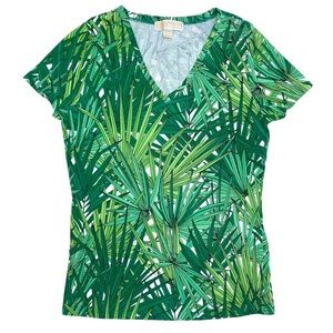 Michael Kors Palm Leaf Print T Shirt V Neck Short Sleeve Tropical Resort Plant